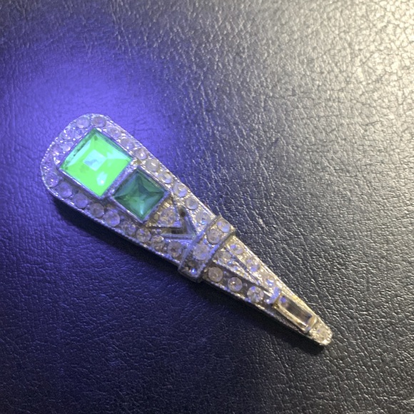 Antique Art Deco WMCA Dress Clip UV active Green stone - Picture 2 of 5